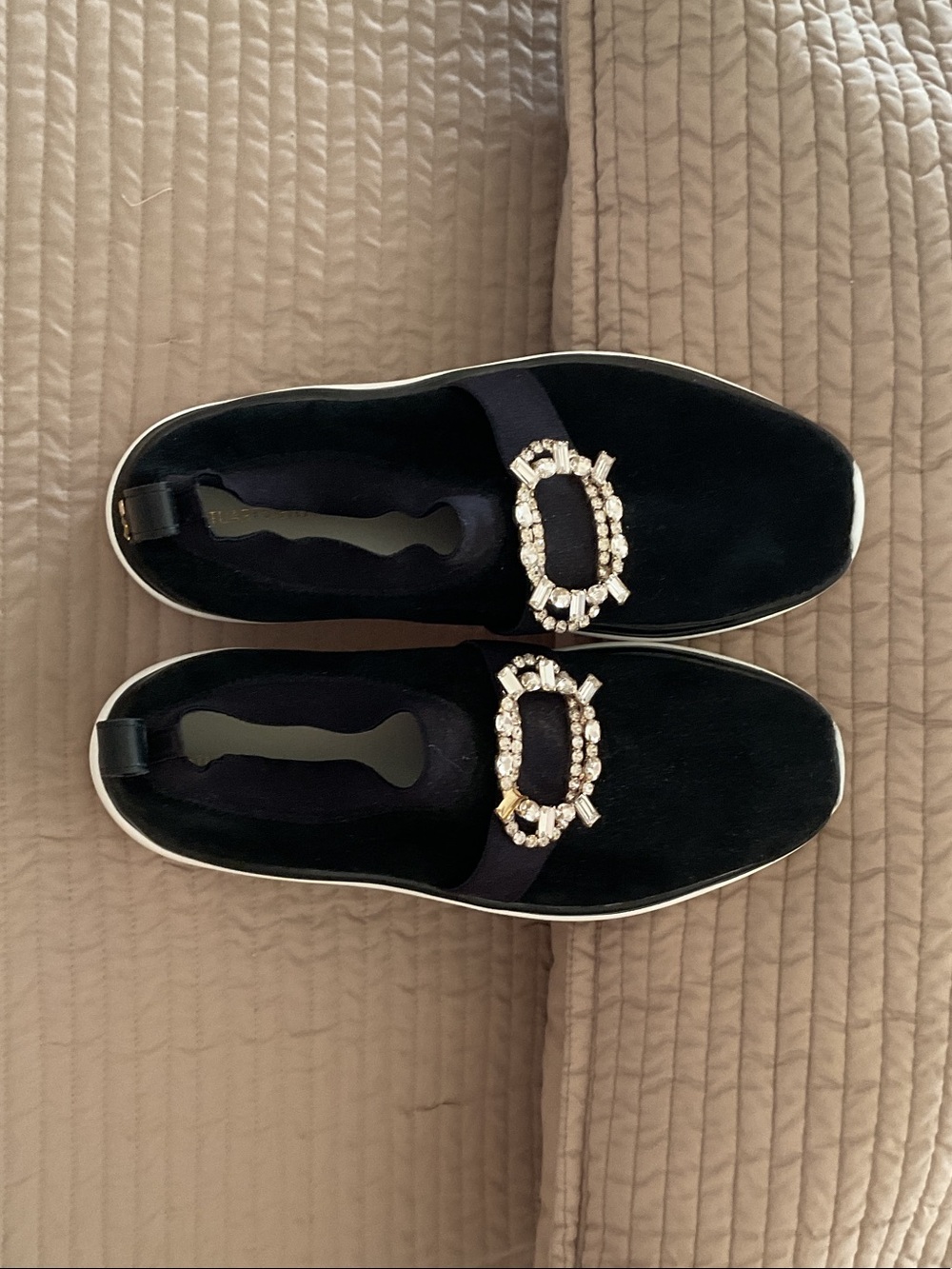 Stuart Weitzman Black Velvet Slip-On Loafers with Crystal Buckle